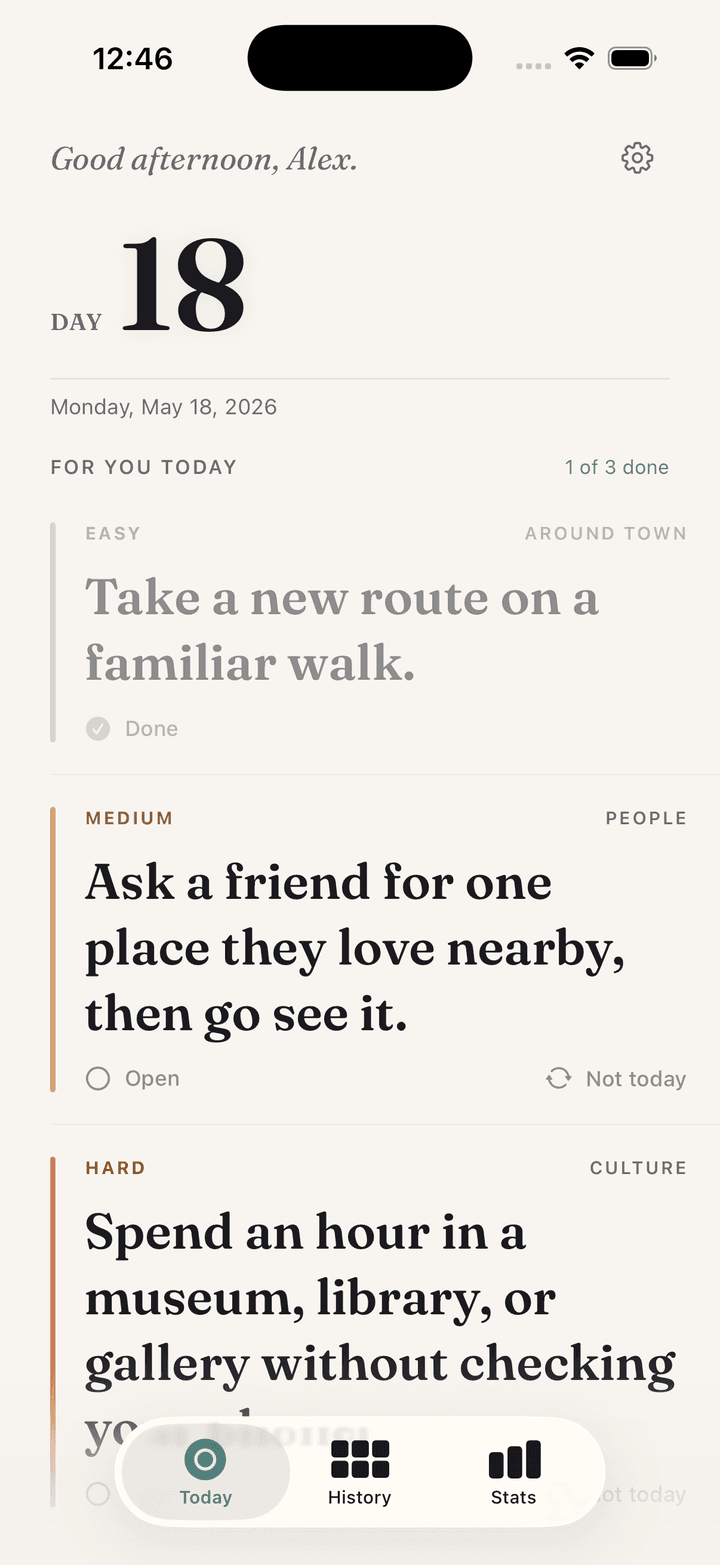 Your daily trio screen in the One New Thing daily challenge app