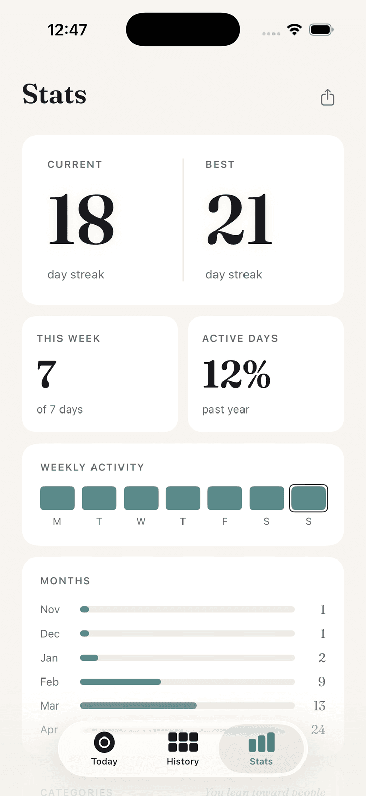 Quiet numbers screen in the One New Thing daily challenge app